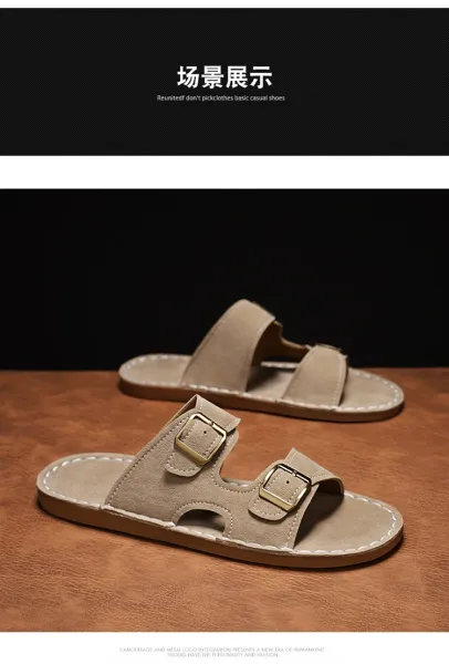 Design Double Strap Suede Sandals Beige Slippers - 13