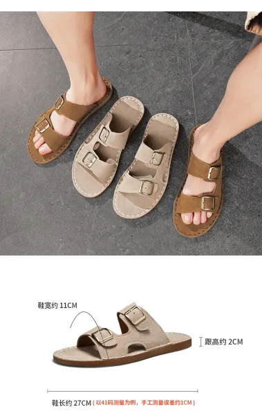 Design Double Strap Suede Sandals Beige Slippers - 4