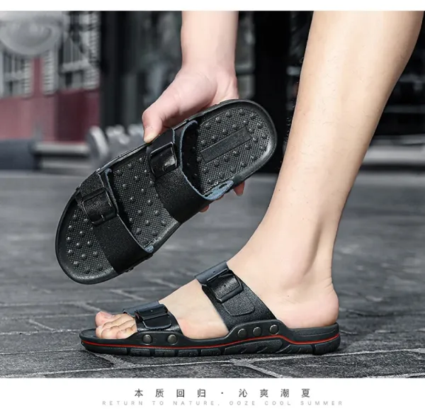 Design Two-Strap Buckle Slide Sandals Brown Black Slippers - 30