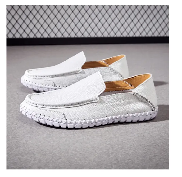 Design White Pebbled Leather Loafers with Stitched Sole - 27