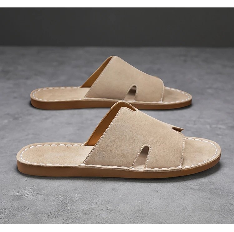 Design H-Strap Suede Slide Sandals Beige Slippers - 20
