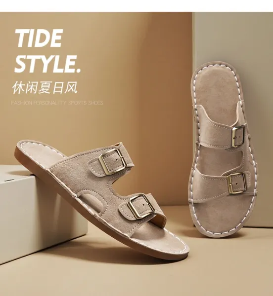 Design Double Strap Suede Sandals Beige Slippers - 6