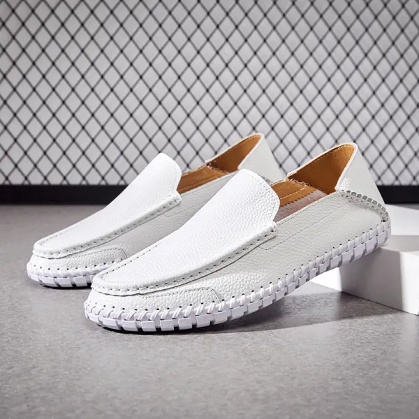 Design White Pebbled Leather Loafers with Stitched Sole - 1