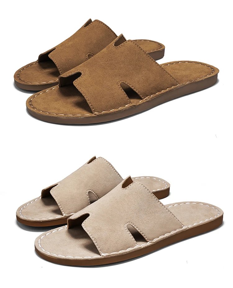 Design H-Strap Suede Slide Sandals Beige Slippers - 22