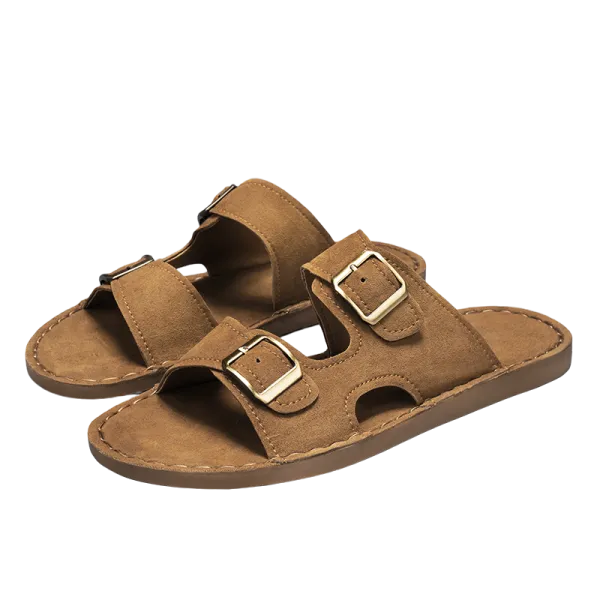 Design Double Strap Suede Brown Slide Sandals Slippers - 1