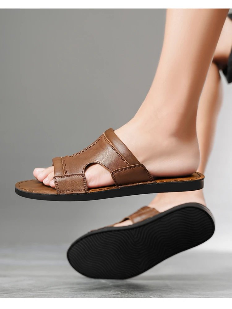 Design Leather Slide Sandal Brown Slippers - 10