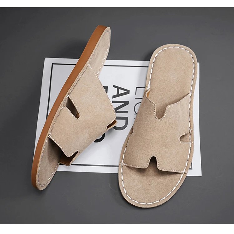 Design H-Strap Suede Slide Sandals Beige Slippers - 21