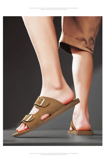Design Double Strap Suede Sandals Beige Slippers - 19