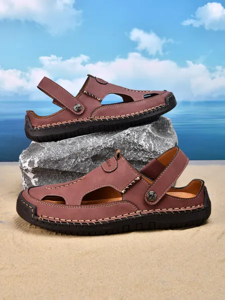 Design Brown Leather Sandals with Stitched Detailing and Adjustable Strap - 1