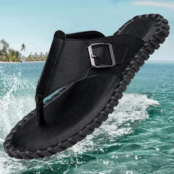Design Buckle-Strap Leather Thong Sandal Black Slippers - 1