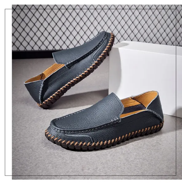 Design White Pebbled Leather Loafers with Stitched Sole - 18