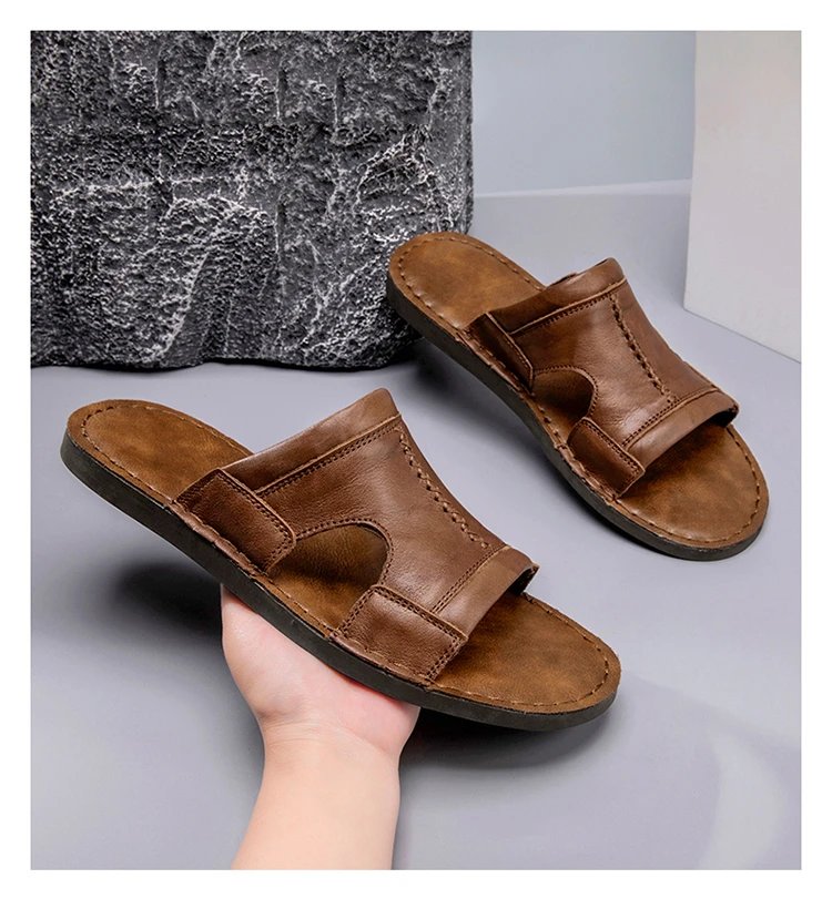 Design Leather Slide Sandal Brown Slippers - 11