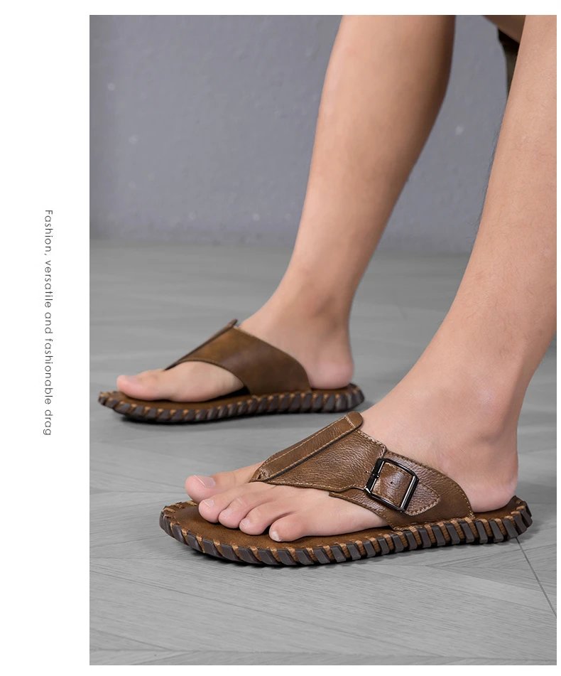 Design Brown Leather Buckle Strap Flip-Flop Sandals Slippers - 12