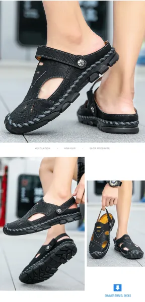 Design Casual Leather Sandals Black with Tan Accents - 19