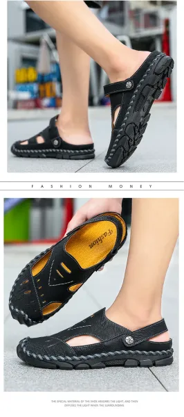 Design Casual Leather Sandals Black with Tan Accents - 21