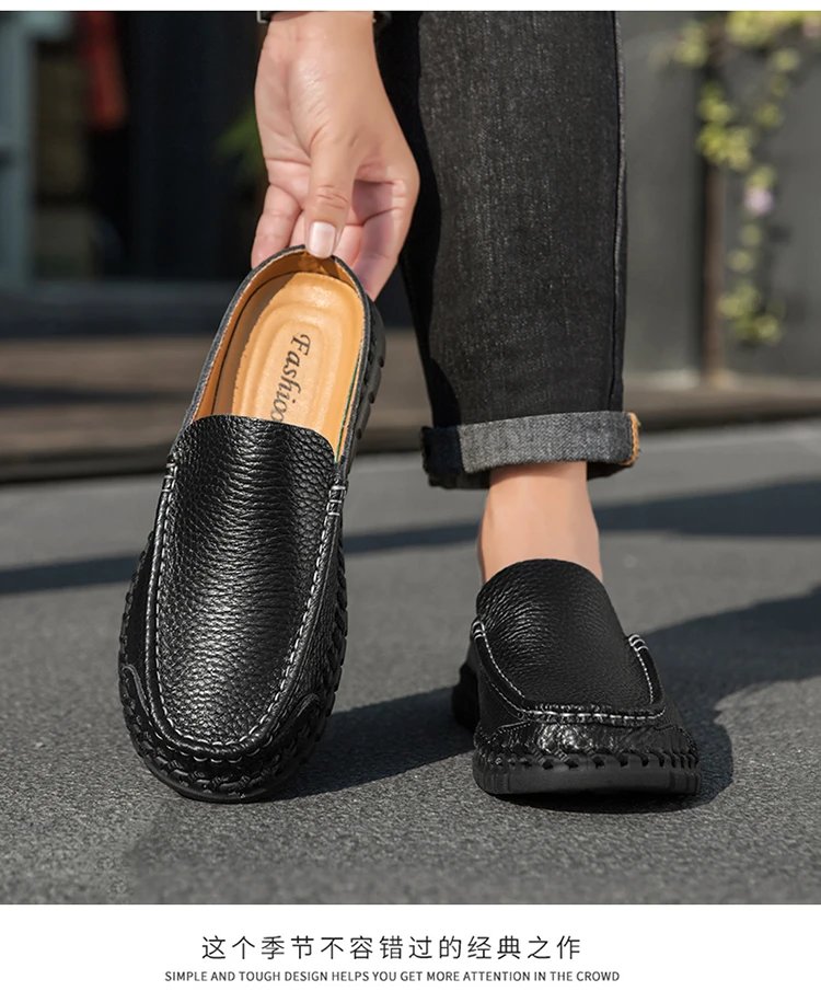 Design Leather Moccasin Slip-On Black Loafers - 11