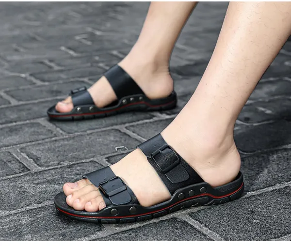 Design Two-Strap Buckle Slide Sandals Brown Black Slippers - 32