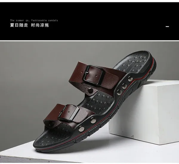 Design Two-Strap Buckle Slide Sandals Brown Black Slippers - 12