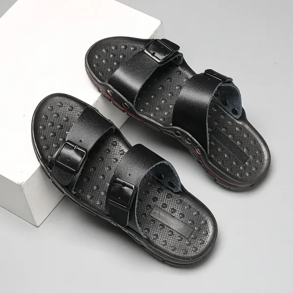 Design Double-Strap Buckle Slide Sandals Black Slippers - 1