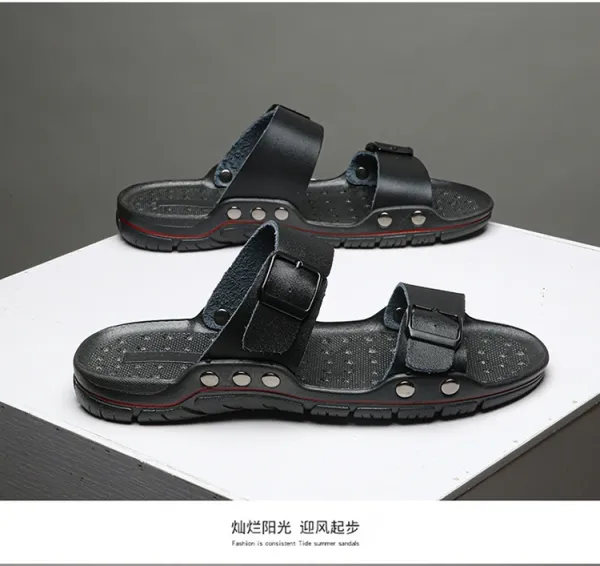 Design Two-Strap Buckle Slide Sandals Brown Black Slippers - 15