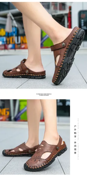 Design Casual Leather Sandals Black with Tan Accents - 15