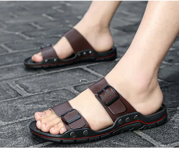 Design Two-Strap Buckle Slide Sandals Brown Black Slippers - 26