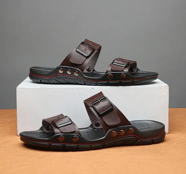 Design Two-Strap Buckle Slide Sandals Brown Black Slippers - 4