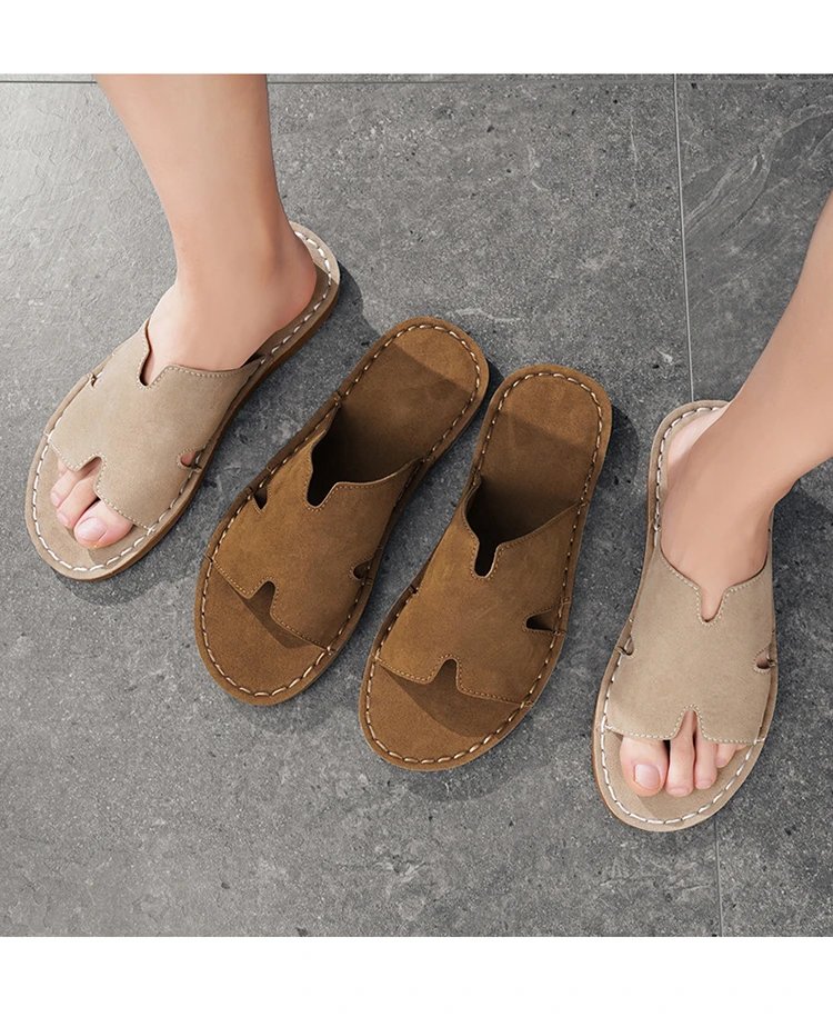 Design H-Strap Suede Slide Sandals Beige Slippers - 15