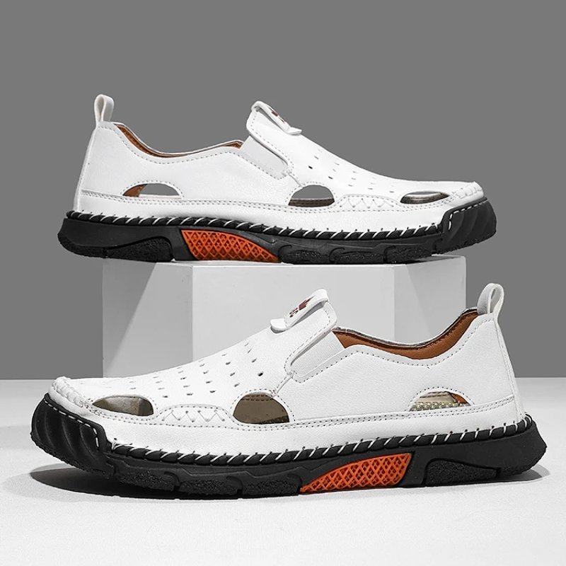 White Perforated Slip-On Sandal with Orange Accents Casual Shoes