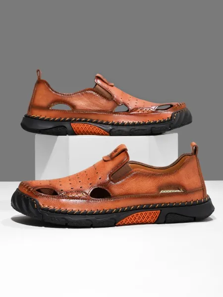 Design Leather Perforated Slip-On Sandal Brown - 1