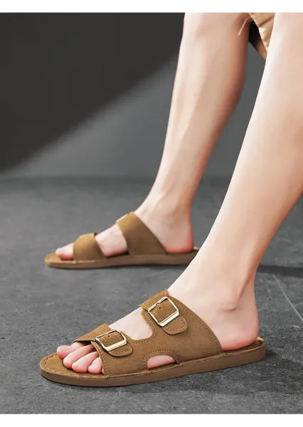 Design Double Strap Suede Sandals Beige Slippers - 20