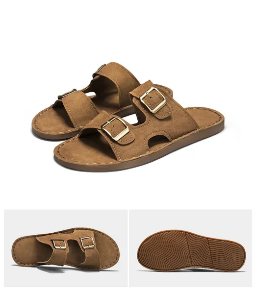 Design Double Strap Suede Sandals Beige Slippers - 22