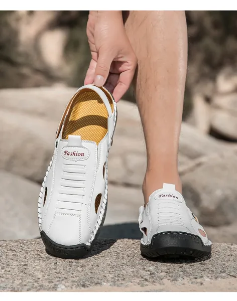 Design White Leather Summer Sandal with Cut-Outs and Adjustable Strap - 25