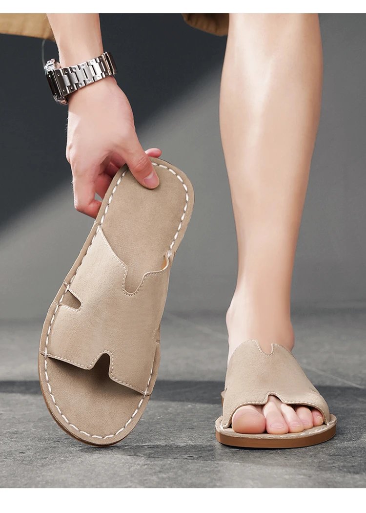 Design H-Strap Suede Slide Sandals Beige Slippers - 17