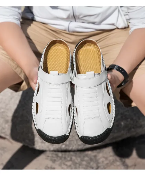 Design White Leather Summer Sandal with Cut-Outs and Adjustable Strap - 22