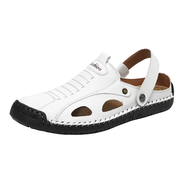 Design White Leather Summer Sandal with Cut-Outs and Adjustable Strap - 1
