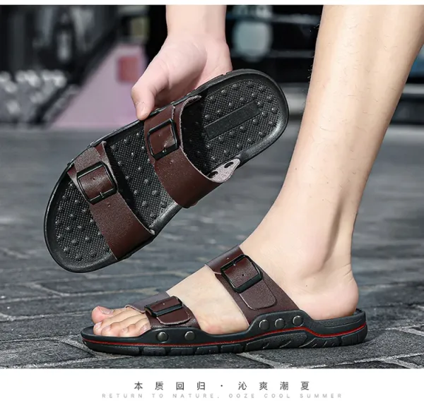 Design Two-Strap Buckle Slide Sandals Brown Black Slippers - 24