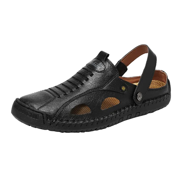 Design Men's Black Perforated Leather Sandal with Adjustable Strap - 1