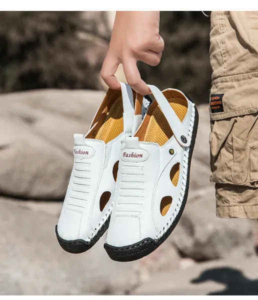 Design White Leather Summer Sandal with Cut-Outs and Adjustable Strap - 20