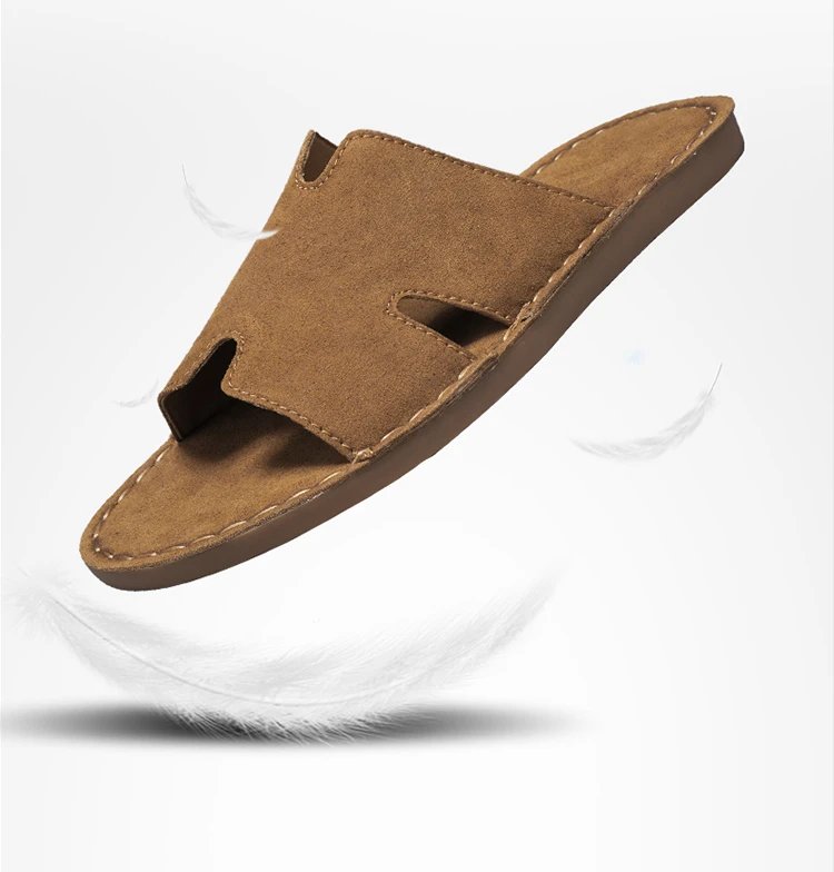 Design H-Strap Suede Slide Sandals Beige Slippers - 9