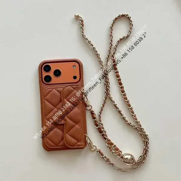 Chanel-inspired Quilted Leather Phone Case with Chain Strap in Brown - 1