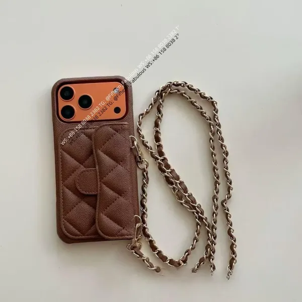 Quilted Leather Phone Case with Chain Strap Brown Phone-Case - 1