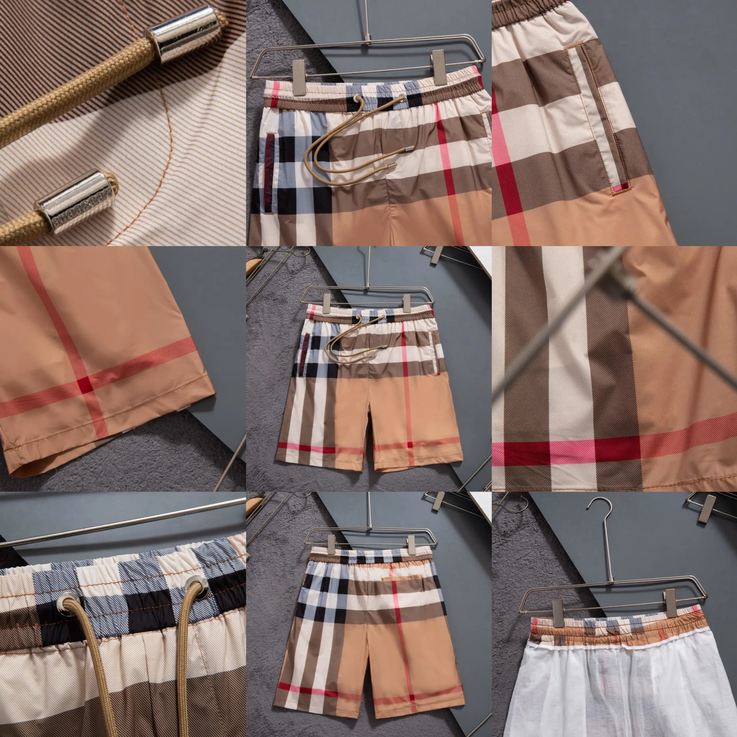 Checkered Pattern Beige White Navy Red Beach Shorts