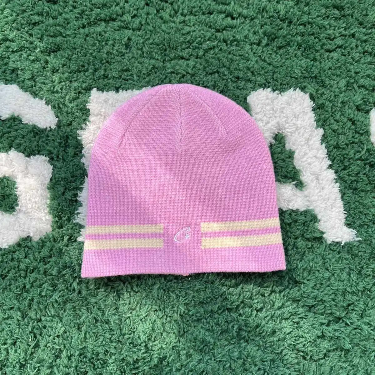 Knit Stripe Beanie Pink Embroidered Cuff Style