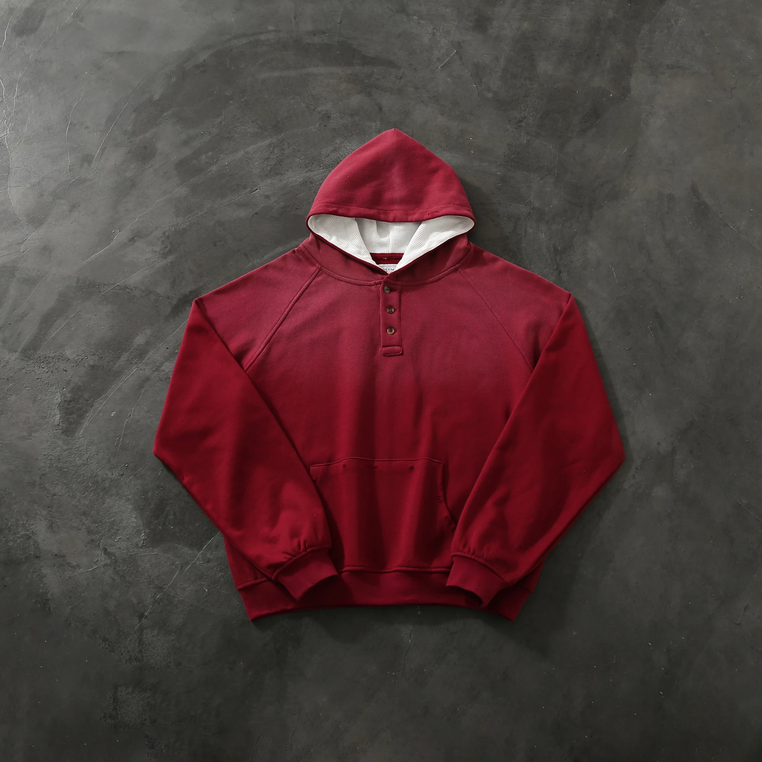 Red Hooded Sweatshirt With Button Placket And Contrast Lining Casual