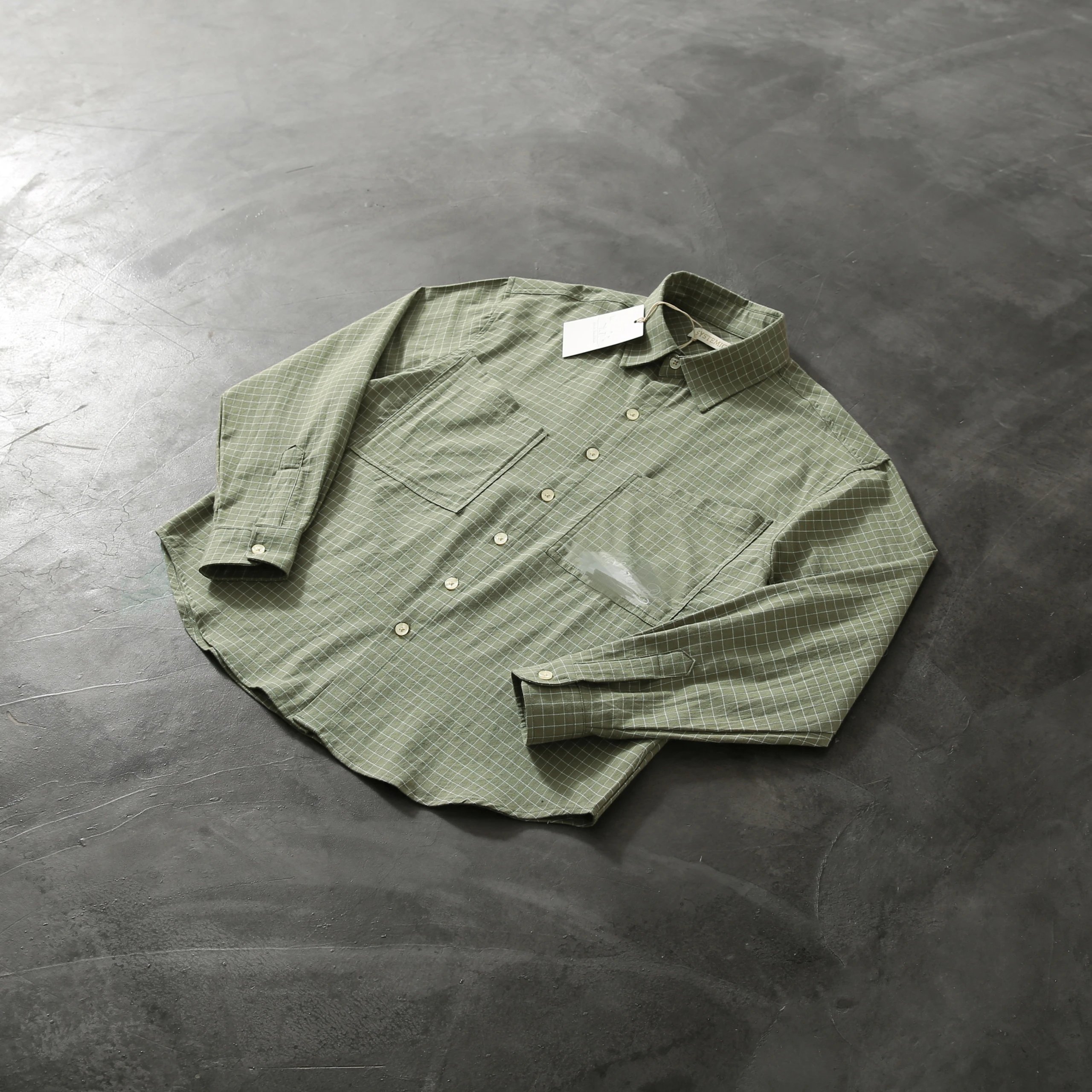 Olive Green Grid Pattern Button-Up Shirt Casual