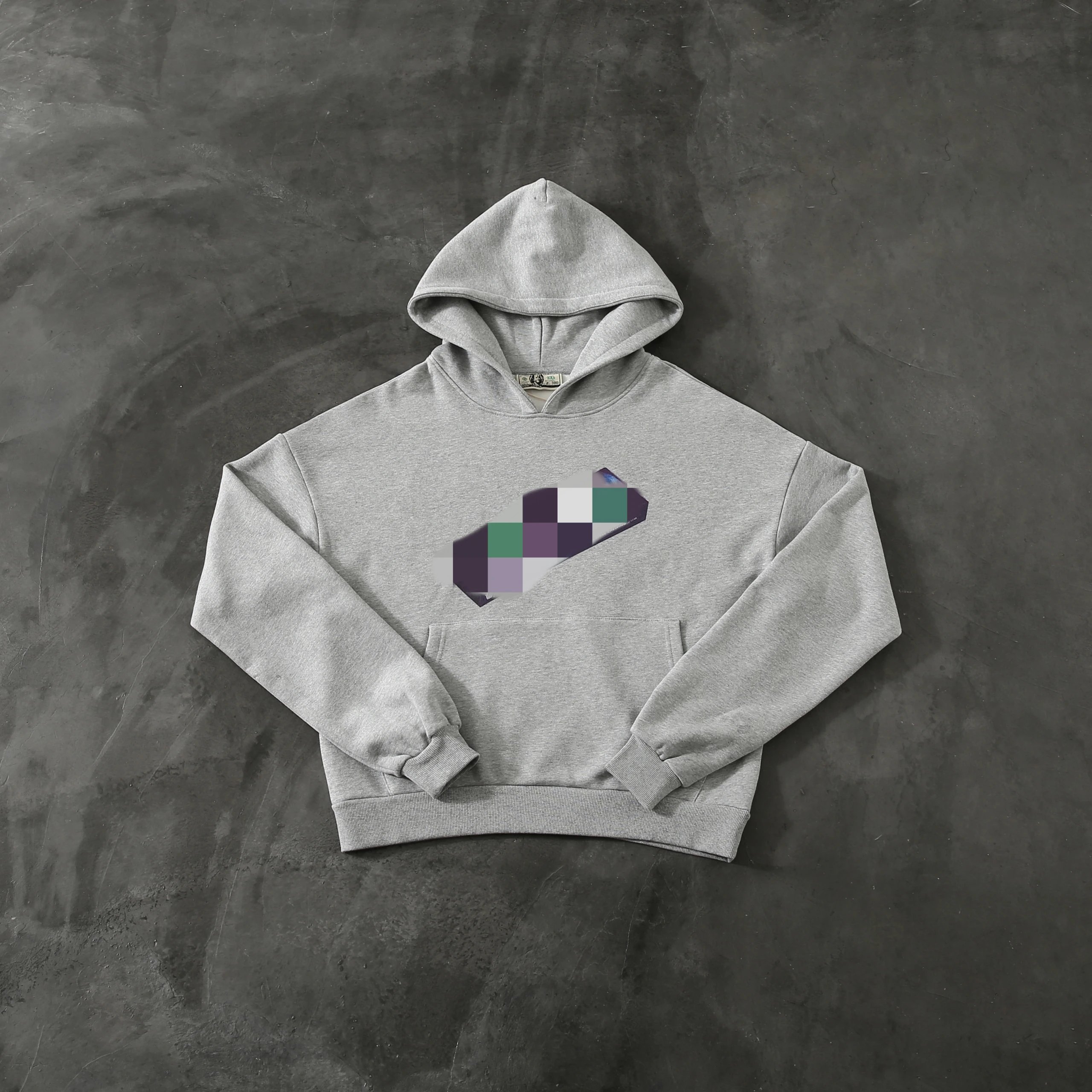 Gray Hooded Sweatshirt With Pixelated Graphic Casual Pullover