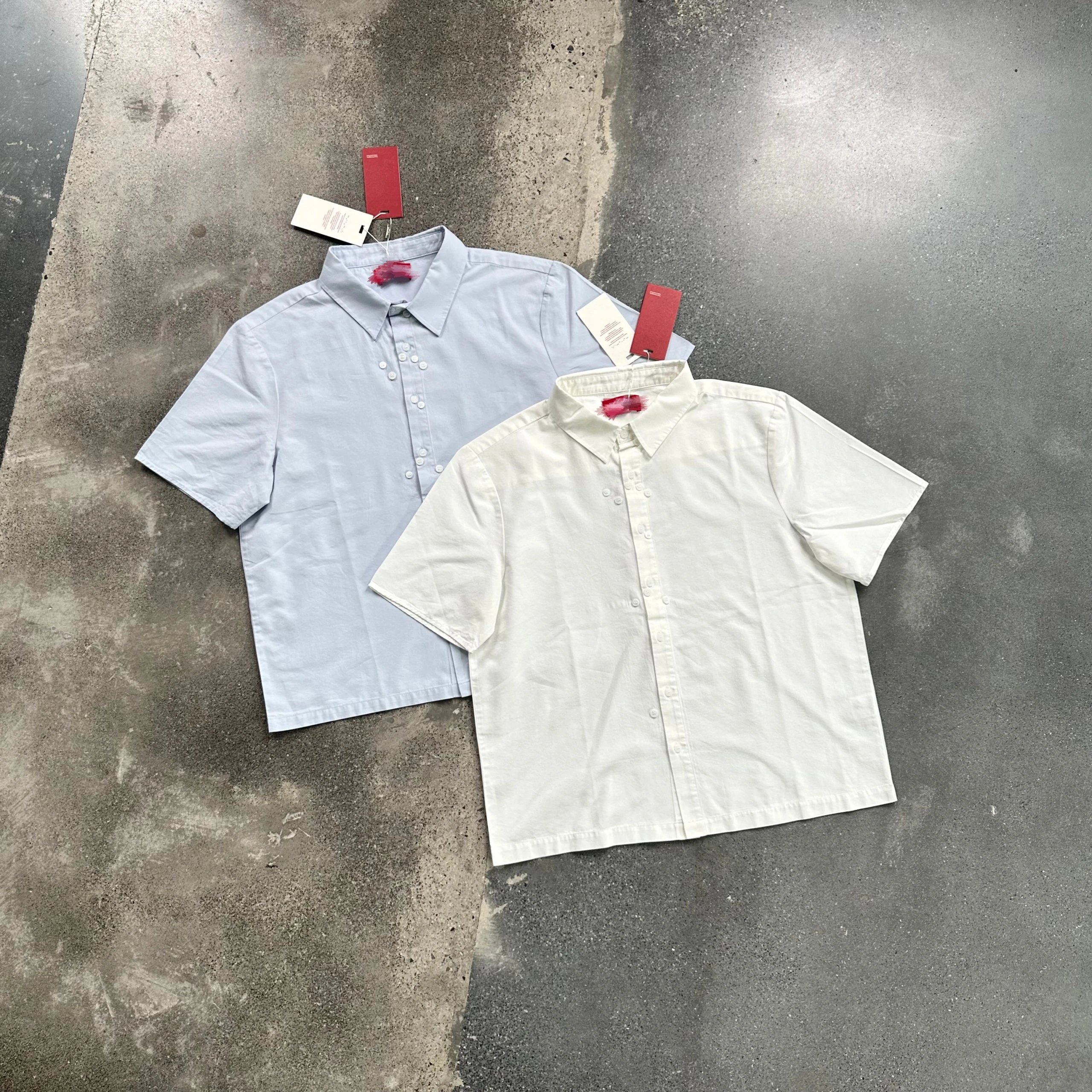 Cotton Short Sleeve Button Up Shirt Light Blue And Off White Classic