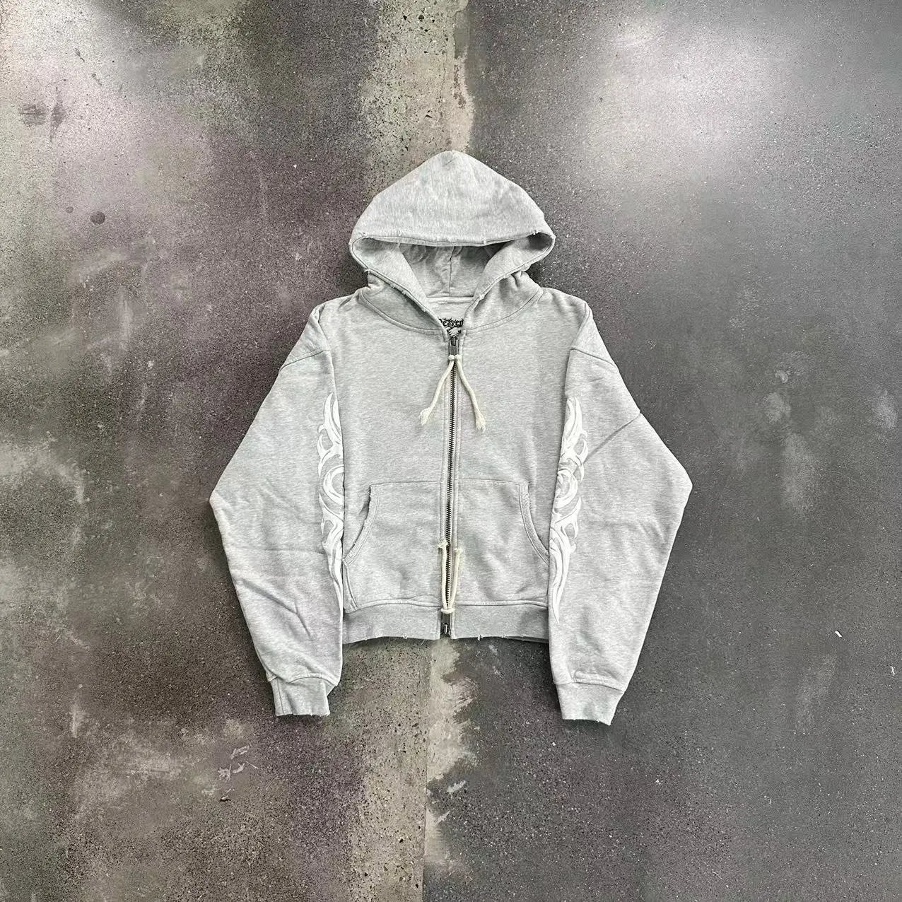 Gray Zip-Up Hoodie with Tribal Sleeve Print Streetwear