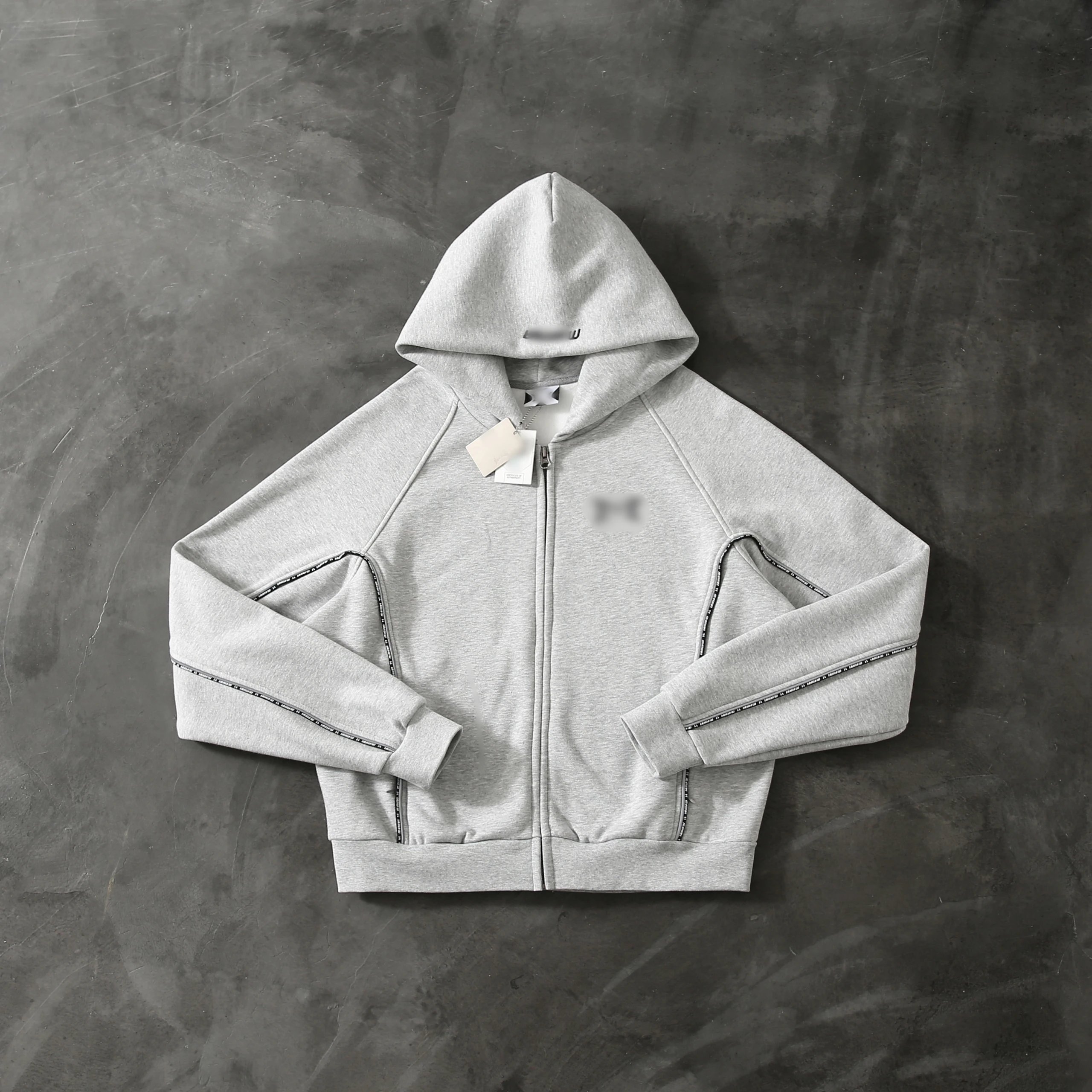 Gray Full Zip Hooded Sweatshirt With Tape Detail Sporty